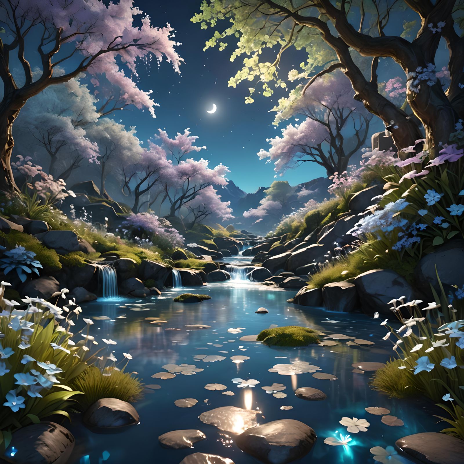 Ethereal Moonlight Scene with Sparkling Waterfalls