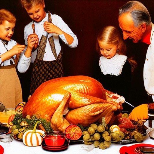“Dad carving the Turkey” thanksgiving, dinner, holiday, table, Norman Rockwell, orange, red, yellow, family