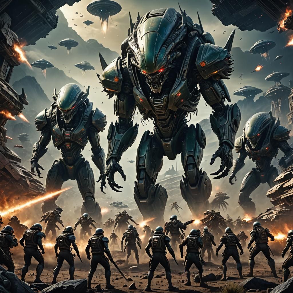 Epic Battle: Warriors Versus Aliens in Digital Painting