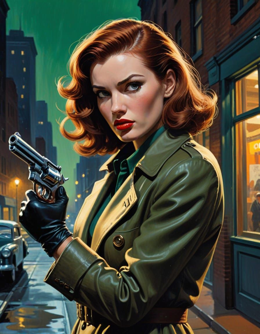 Tough Female Detective in Noir Pulp Illustration