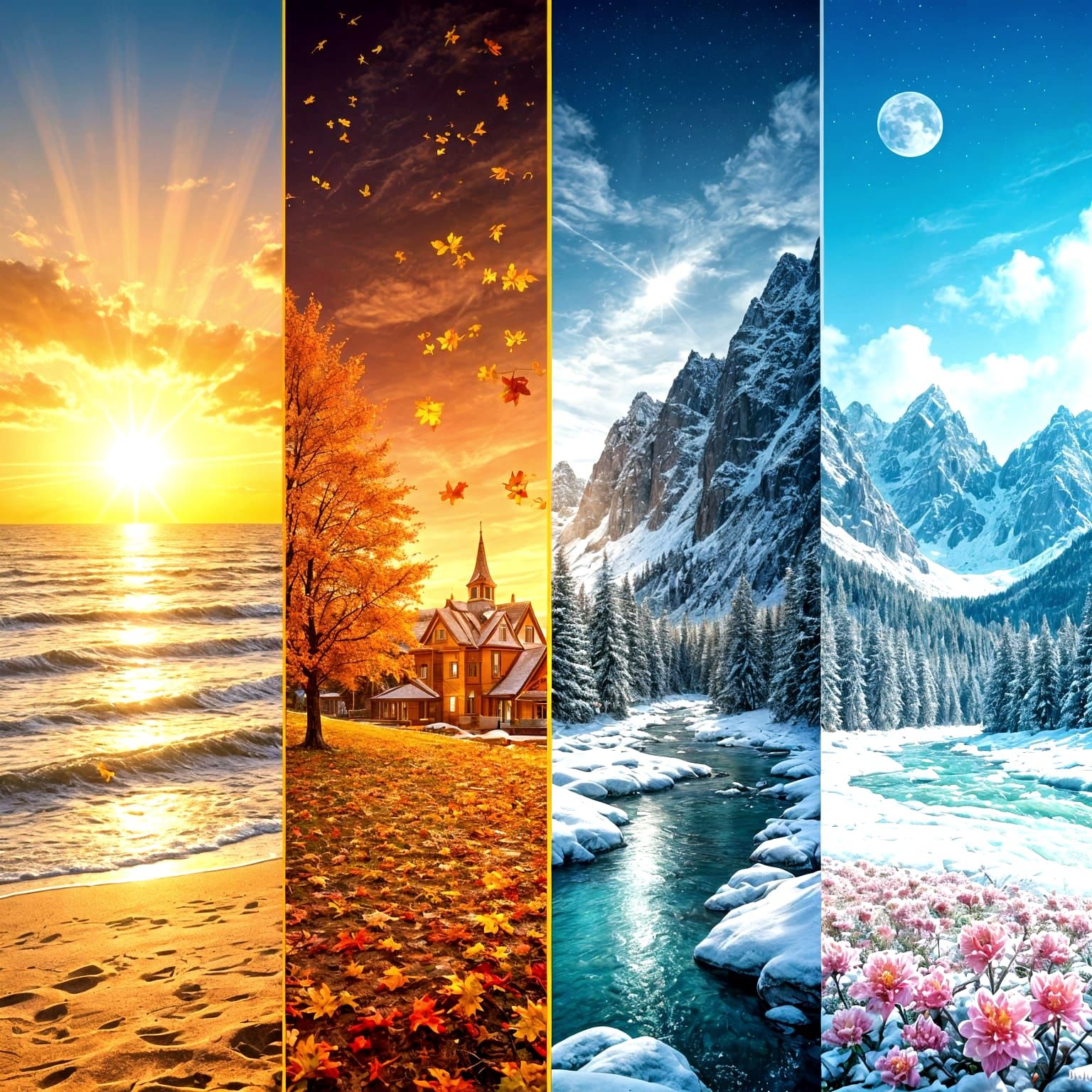 Four Seasons Landscape: Summer, Autumn, Winter, Spring
