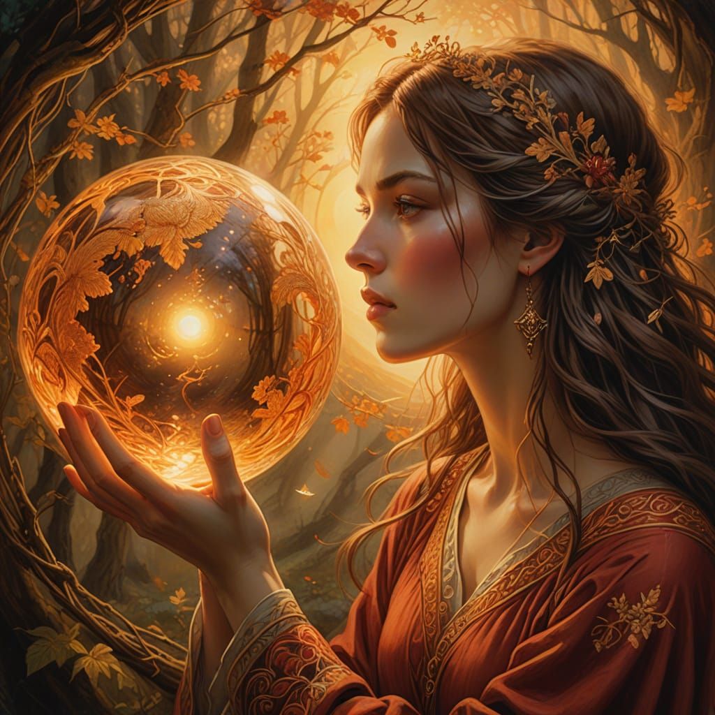 Mystical Goddess Contemplates Ancient Truth in Ethereal Glow