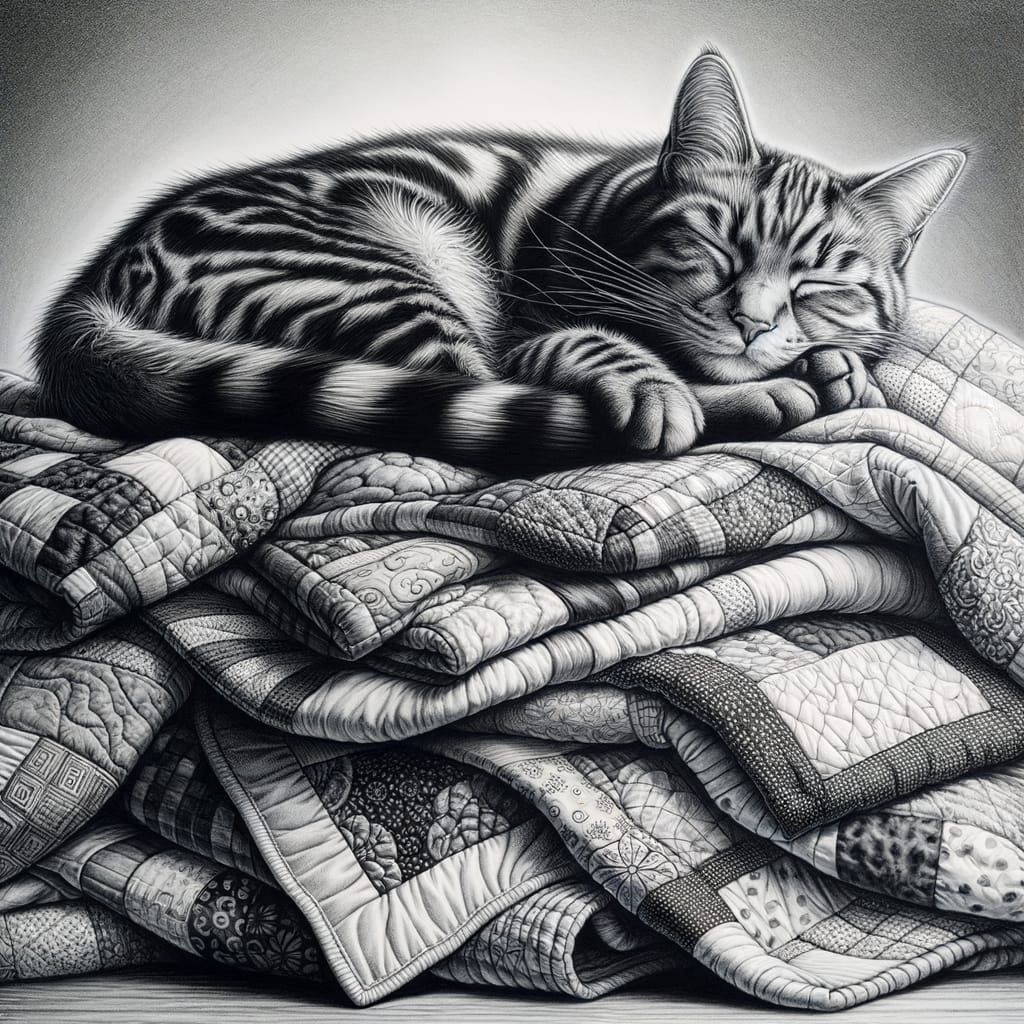 Black and White Line Drawing of Sleeping Tabby Cat on Quilts