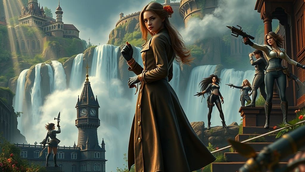 Steampunk Woman on Clocktower in Surreal Landscape