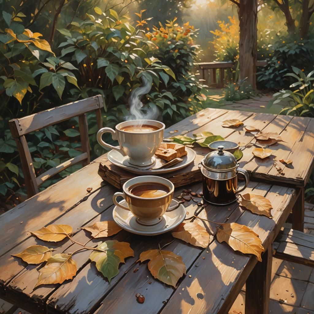 Coffee in Garden: Impressionist Oil Painting