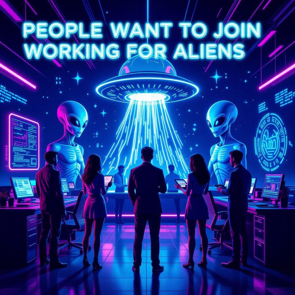 People Queue to Work for Alien Business in Synthwave Style