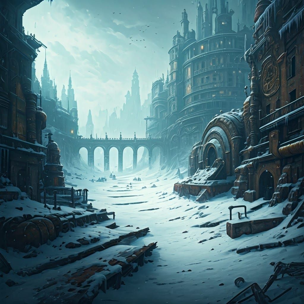 Frozen Steampunk Metropolis in Icy Wasteland