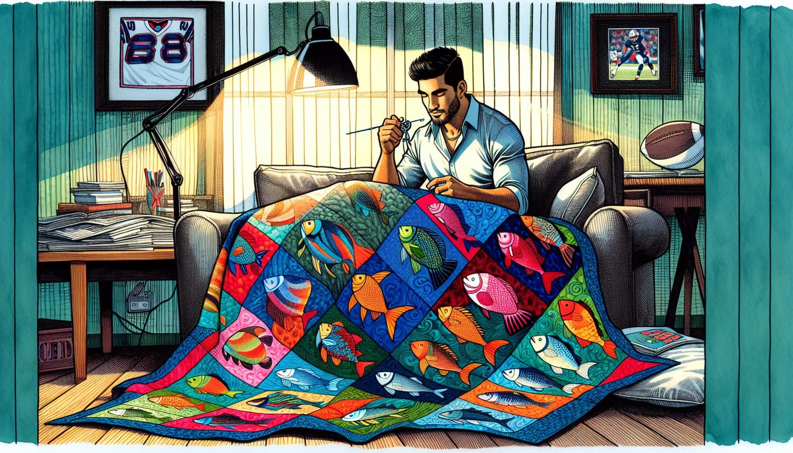 Football Player's Quilt: A Whimsical Ink Illustration