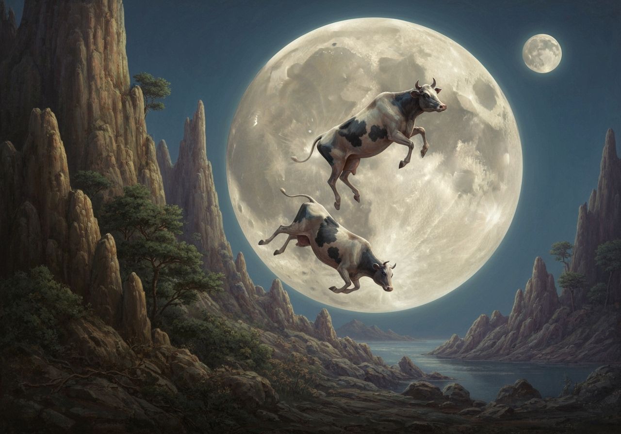 Cow Jumps Over Moon as Maxfield Parrish Painting