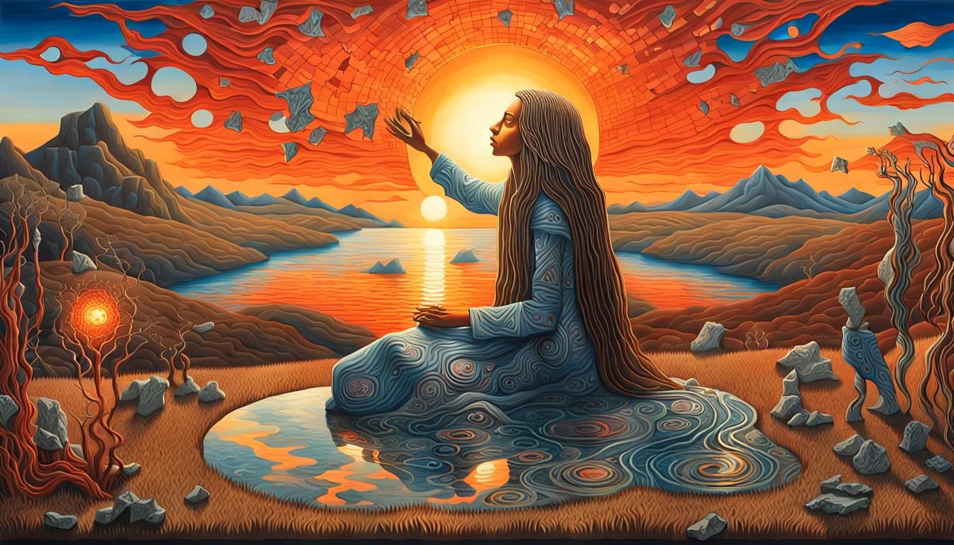 Surreal Bio Art Collage: Woman, Sunset and Mirrors