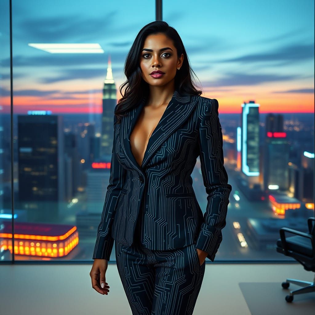 Latina Tech CEO in Cyberpunk Cityscape, Photorealistic Style