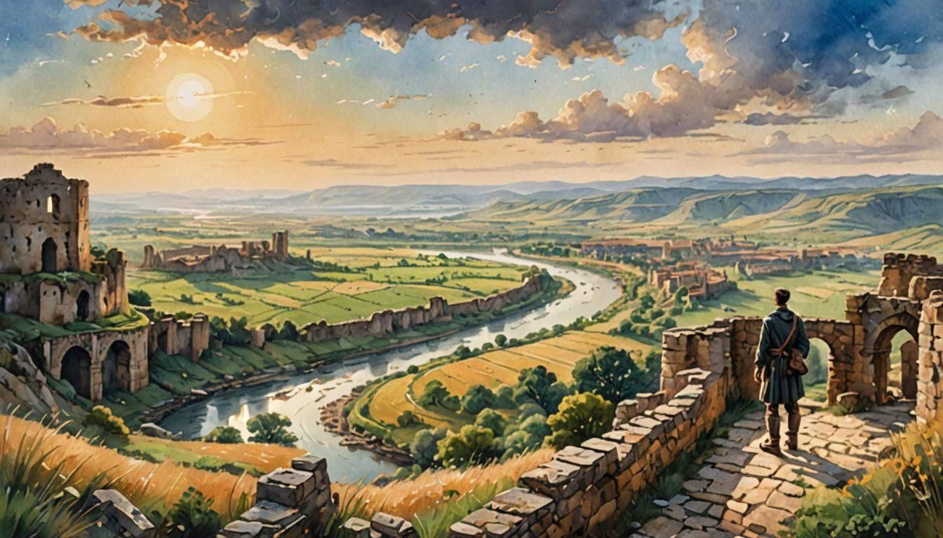 Poet Contemplates River Ruins: Romantic Landscape Painting