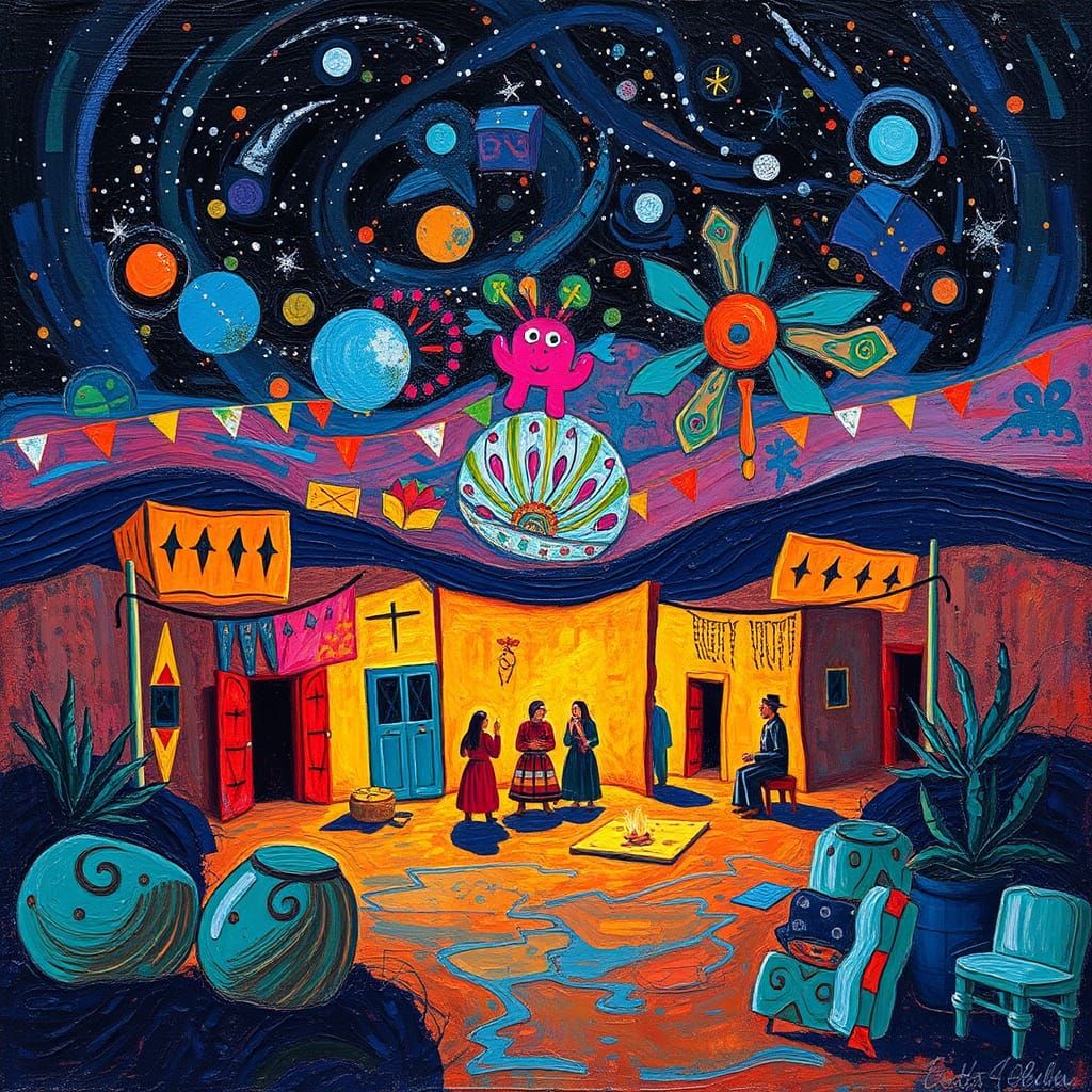 Indigenous Celebration: Impasto Painting Under Starry Sky