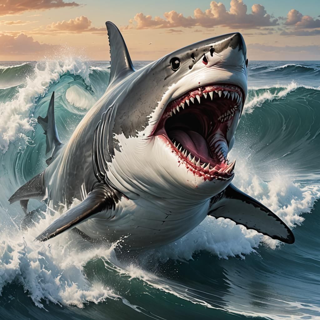 Giant Shark Surfer Girl: Vintage Poster Art