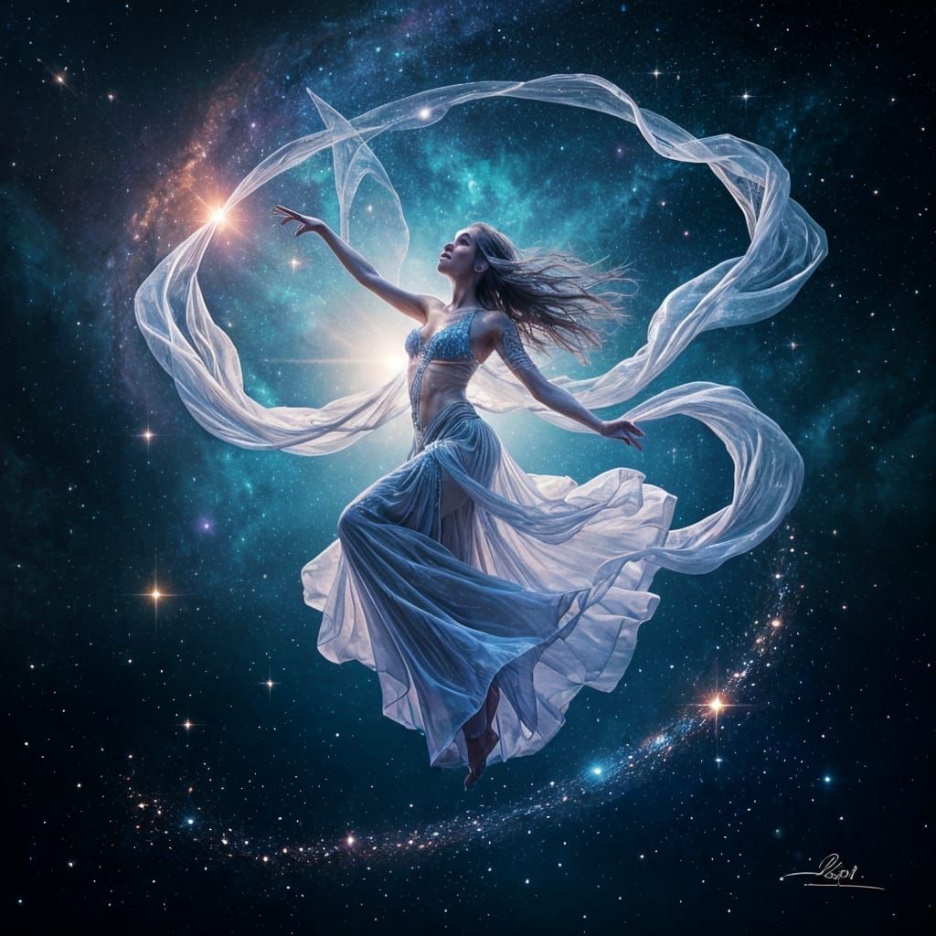 Cosmic Dancer in Stardust Ribbons
