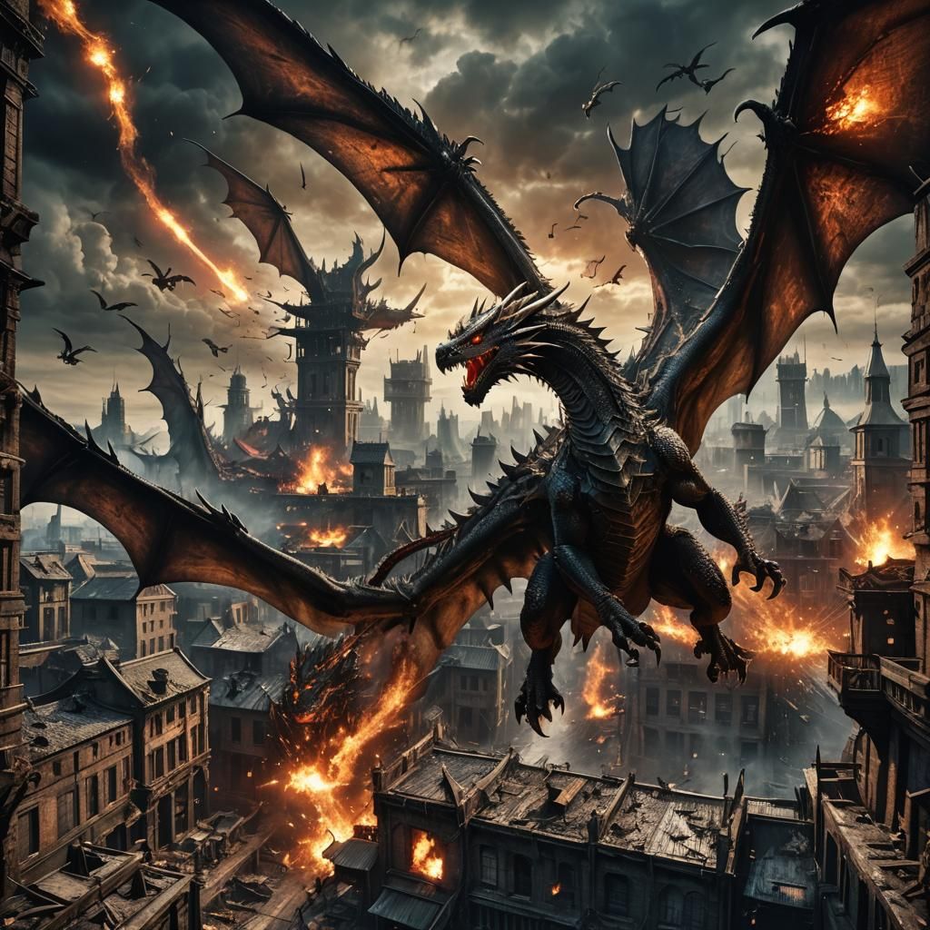 Dragons Soaring Over Industrial Cityscape: Dark Fantasy Art