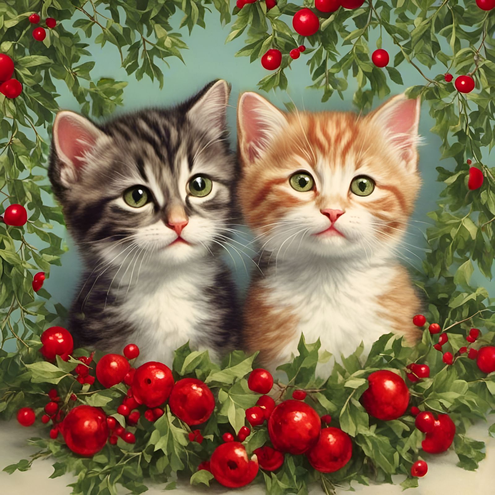 Kittens Snuggling Under Mistletoe on New Year's Eve