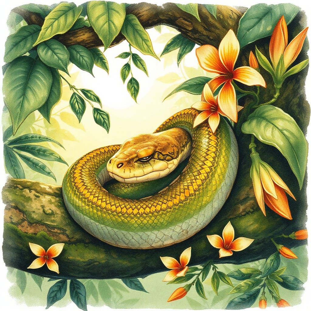 Whimsical Snake in Tropical Bloom