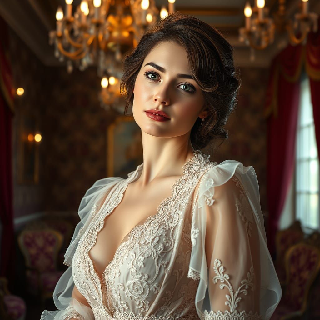 Elegant Victorian Woman in Lavish Ballroom Setting