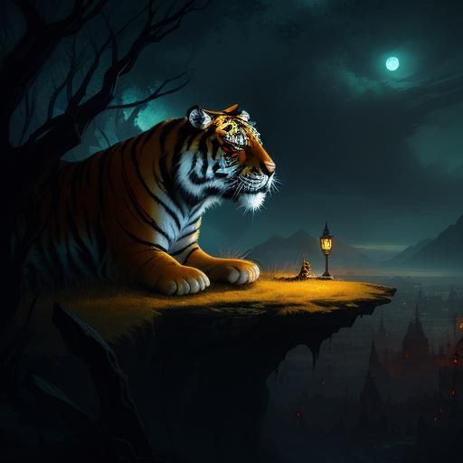Majestic Tiger at Night: Detailed Fantasy Art