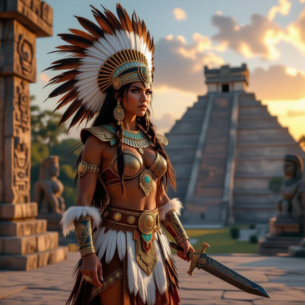 Mesoamerican Warrior Queen in Ancient Temple, Digital Art