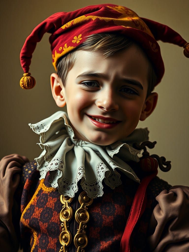 Jester Shows Compassion to Distraught Boy in Baroque Style