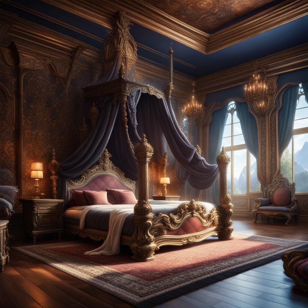 Ornate Bedroom with Big Cozy Bed, Digital Painting