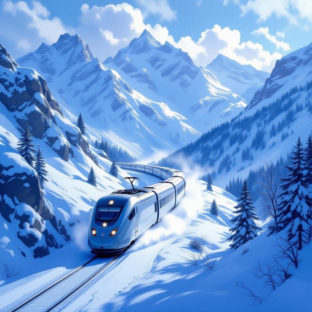 Futuristic Train in Snowy Mountain Pass Illustration