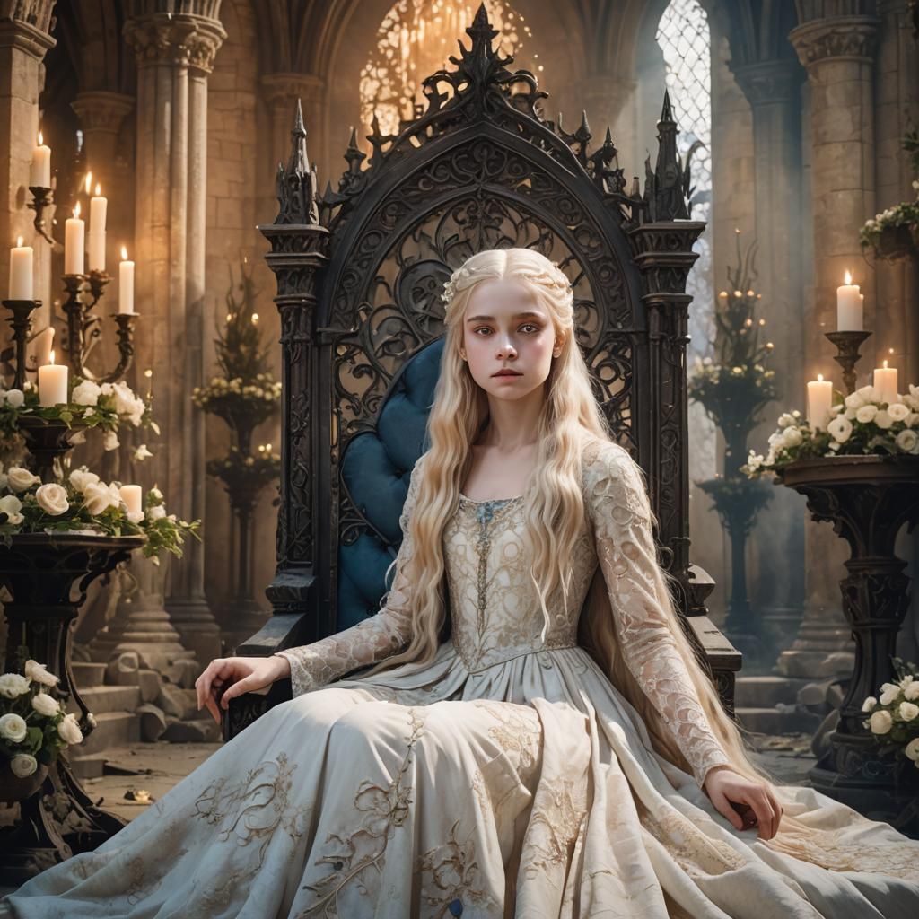 Dreamlike Targaryen Girl on Gothic Throne, Fantasy Art