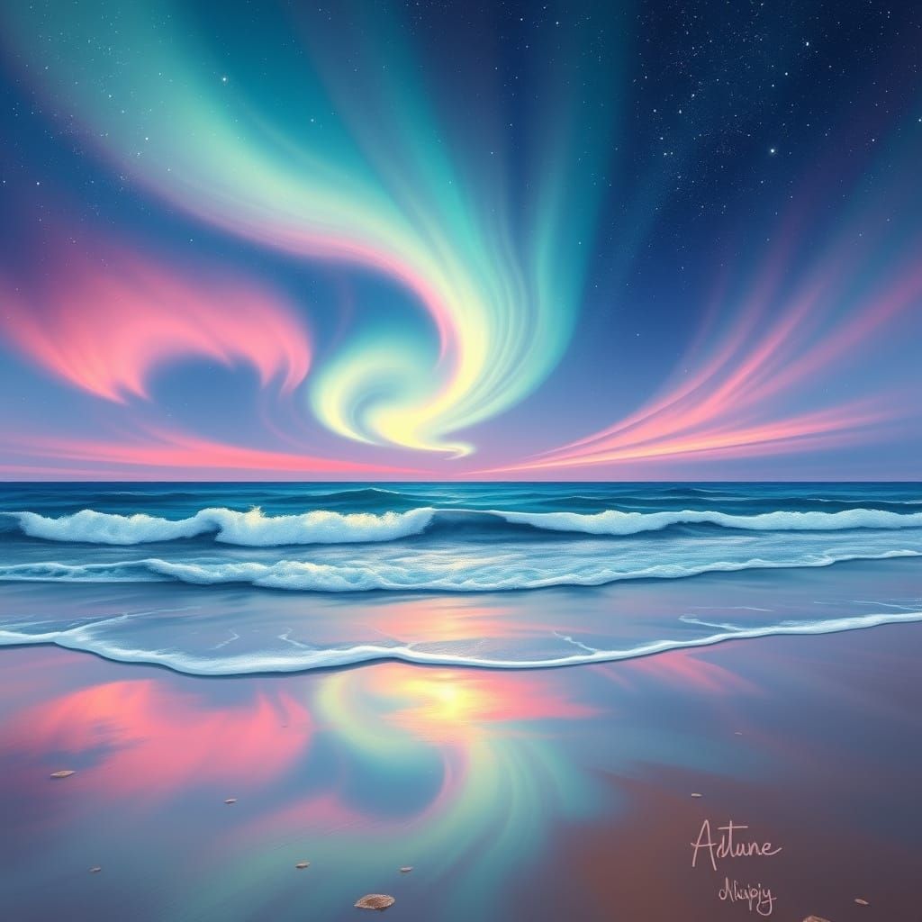 Ethereal Beach Landscape with Northern Lights