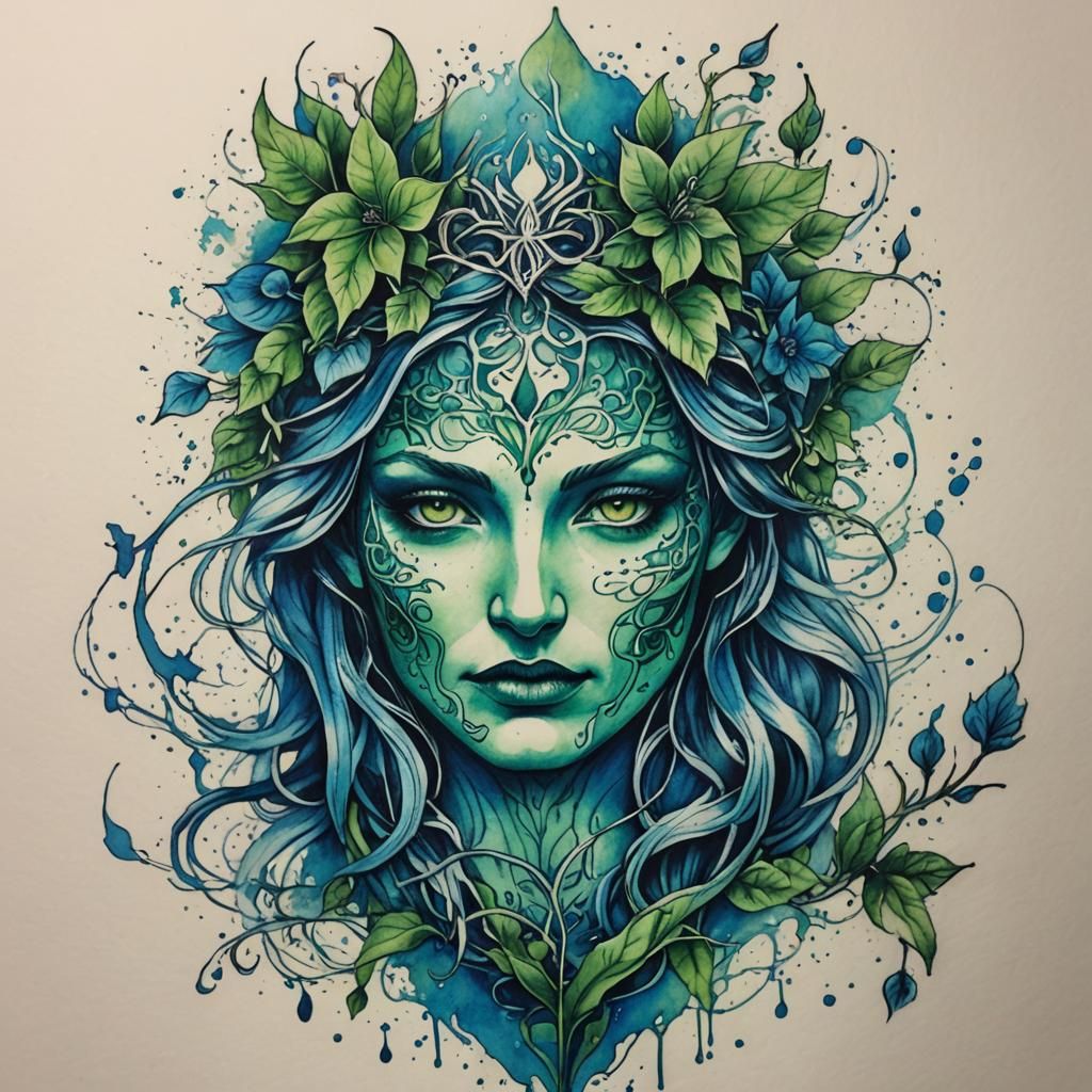 Greenwoman Tattoo Sketch in Blue Ink