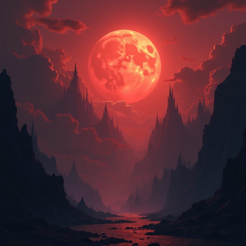 Ominous Red Night Sky with Gothic Spires