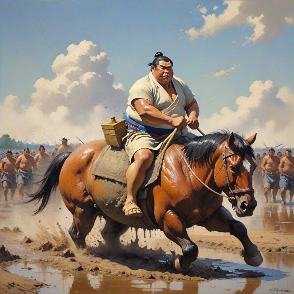 Sumo Wrestler Rides Fat Horse Through Muddy Terrain in Oil P...