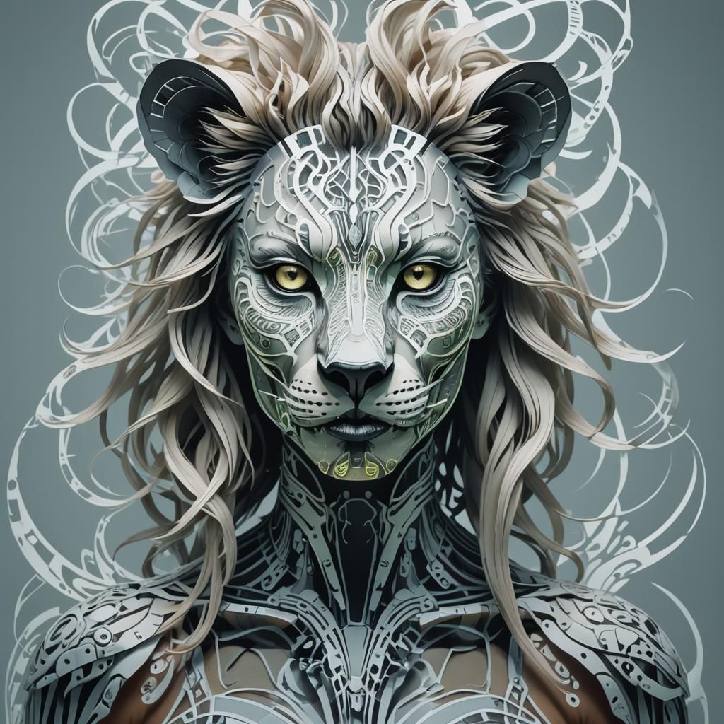 Cyberpunk Lion Girl: Double Exposure Kirigami Portrait