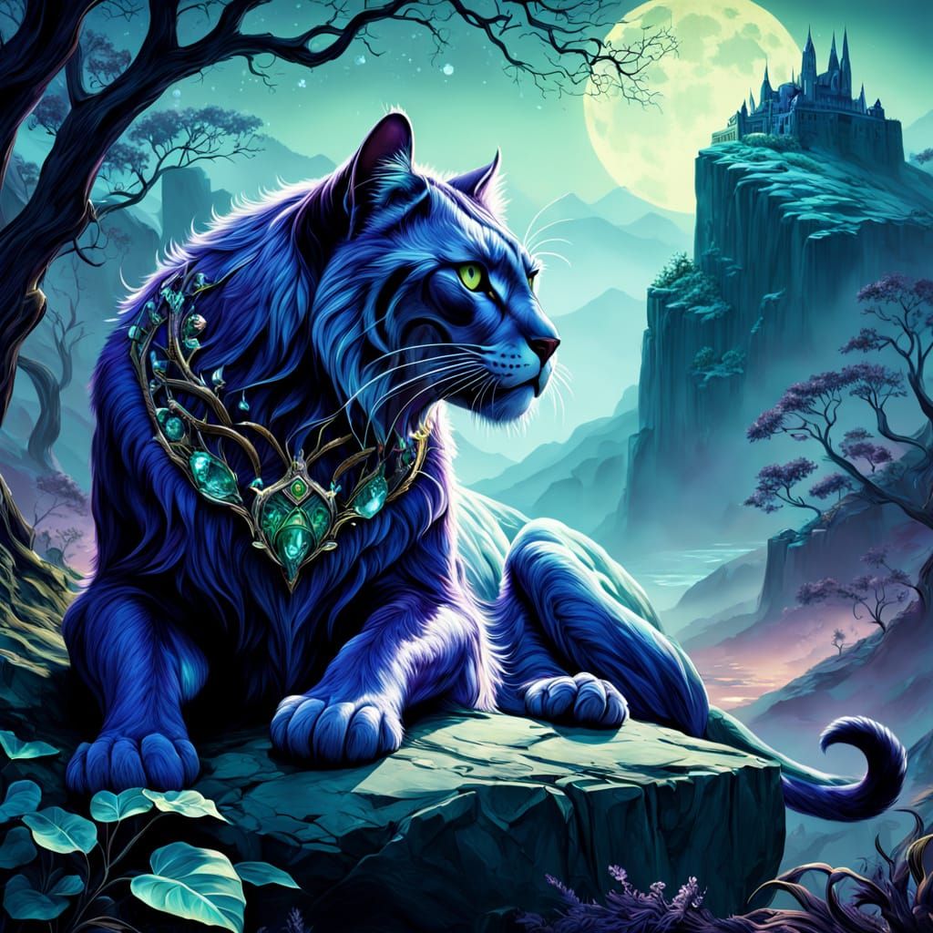 Bioluminescent Saber-Toothed Cat in Art Nouveau Style