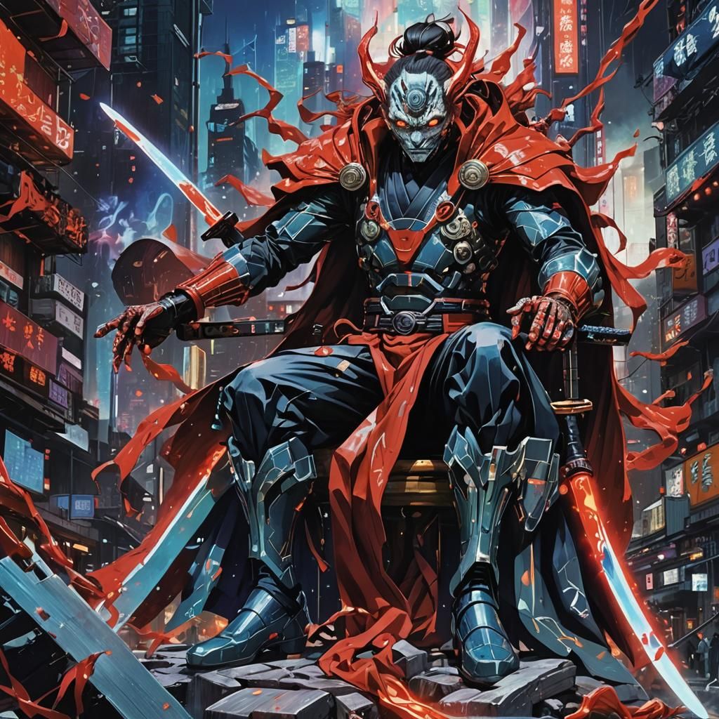 Tanjiro in Cyberpunk Cityscape with Nichirin Blade