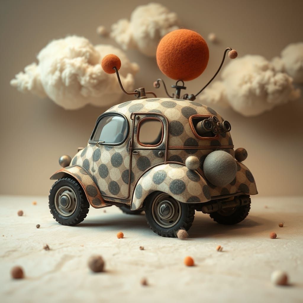 Surreal Steampunk Polka Dot Vehicle in Dreamlike Scene