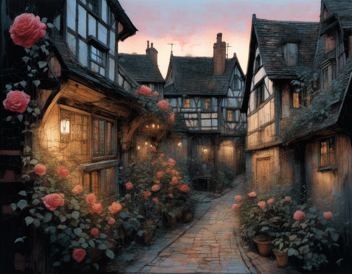 Rose-Covered Alley with Half-Timbered Houses at Dusk