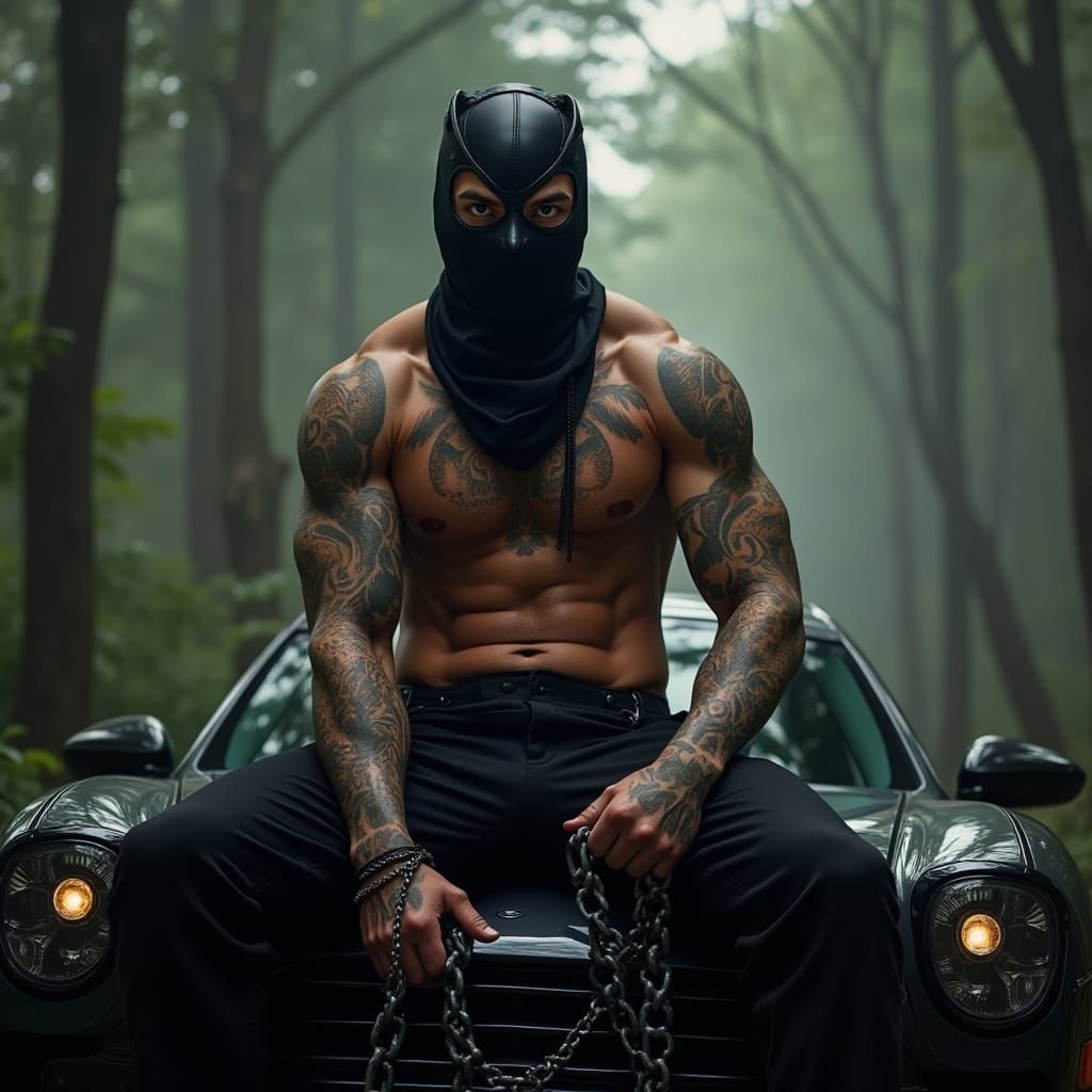 Rugged Man Sits on Black Car in Misty Forest, Exuding Seduct...