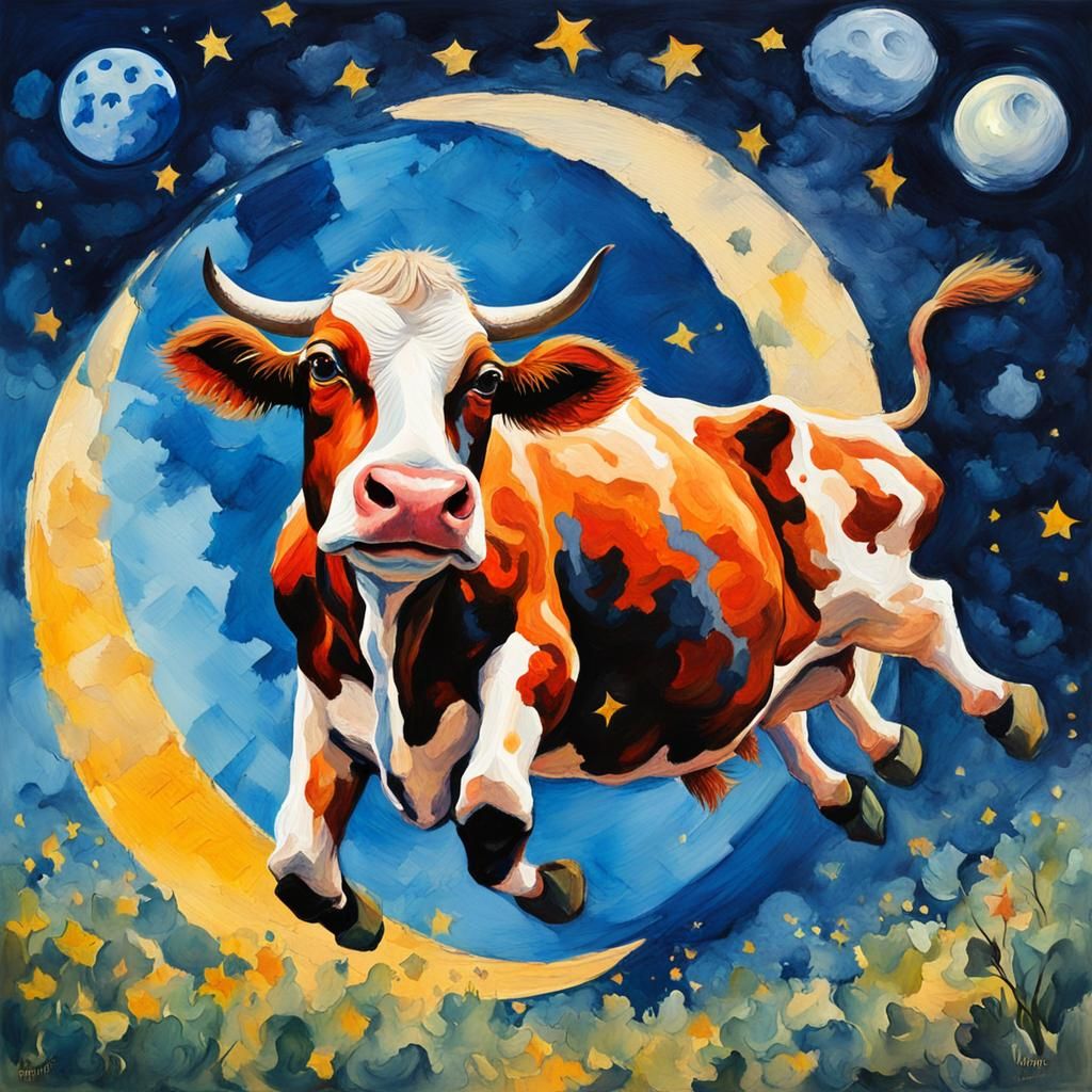Cow Jumps Over Moon: Gouache Impressionist Style