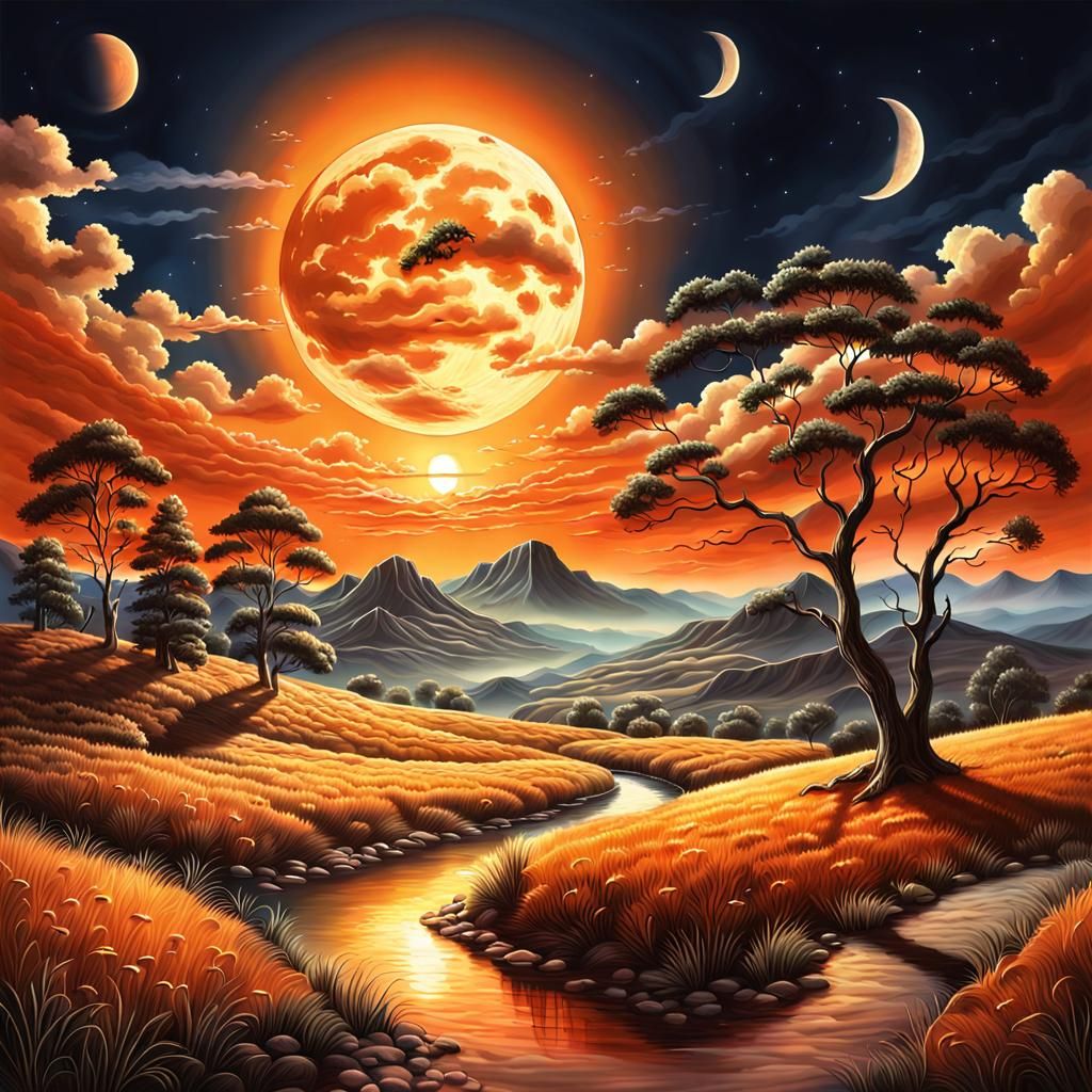 Realistic Moonrise at Night with Orange Sky