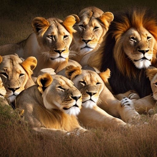 Lion full  surrounded by female lions