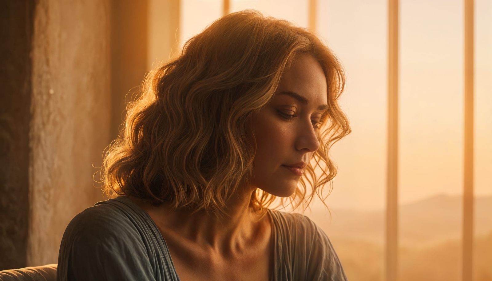 A Woman's Introspective Moment, Shrouded in Golden Mist
