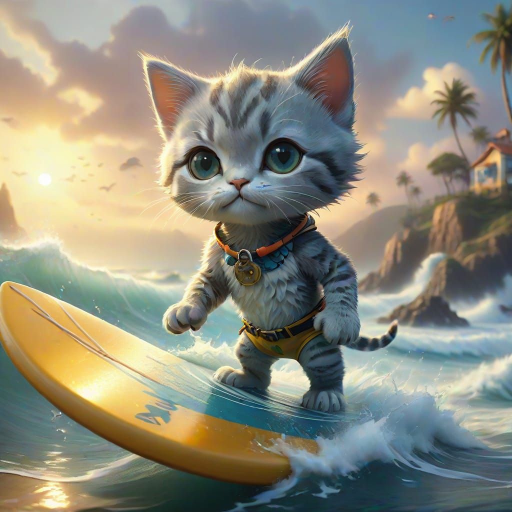 Chibi Tabby Kitten Rides Ocean Waves in Ethereal Surf Style