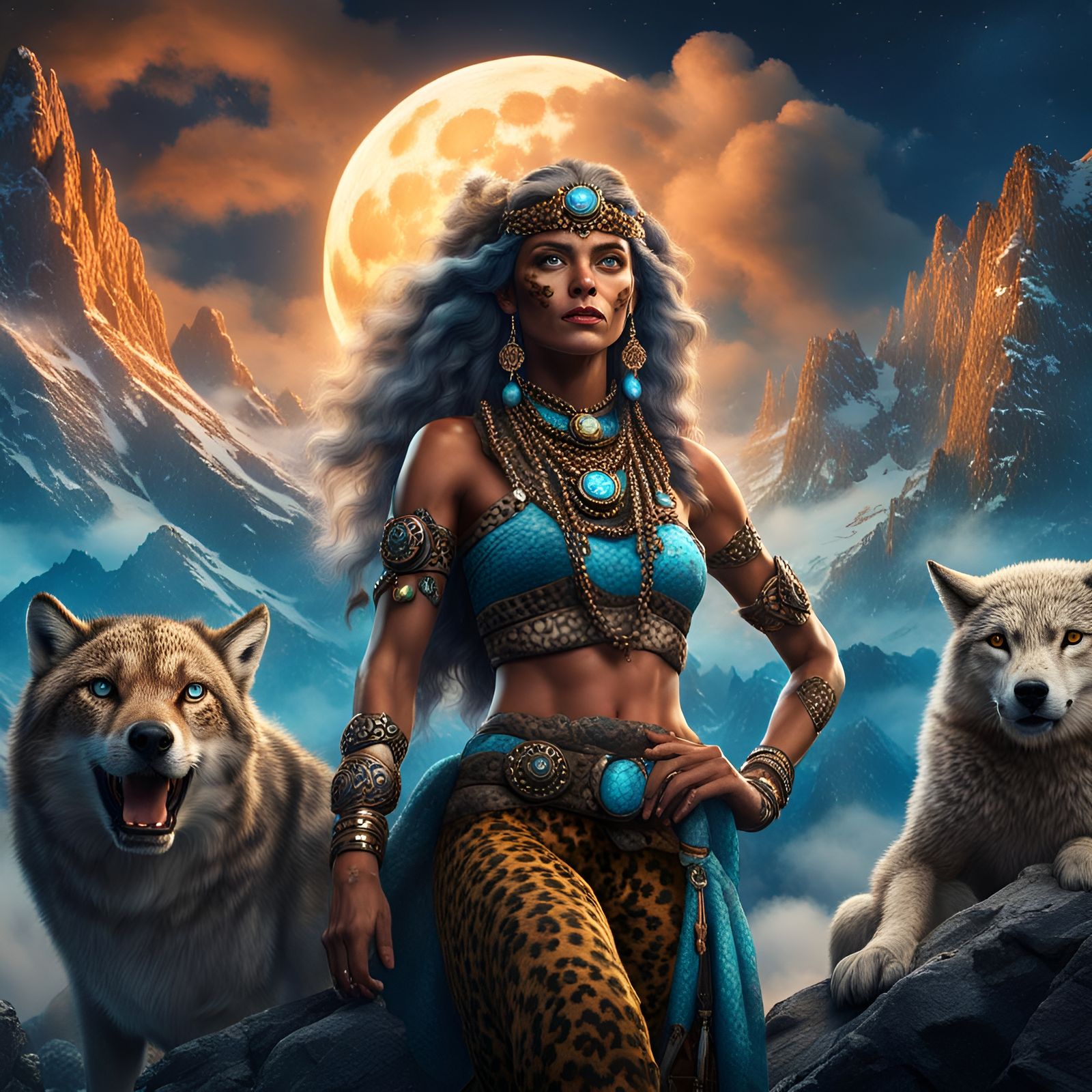 Cave Woman with Wolves: Detailed Fantasy Art
