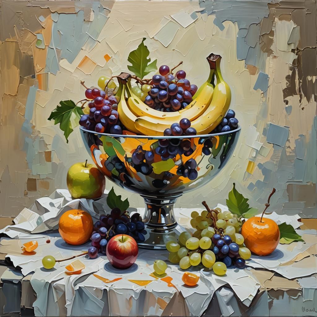 Abstract Still Life Painting with Fruit and Palette Knife