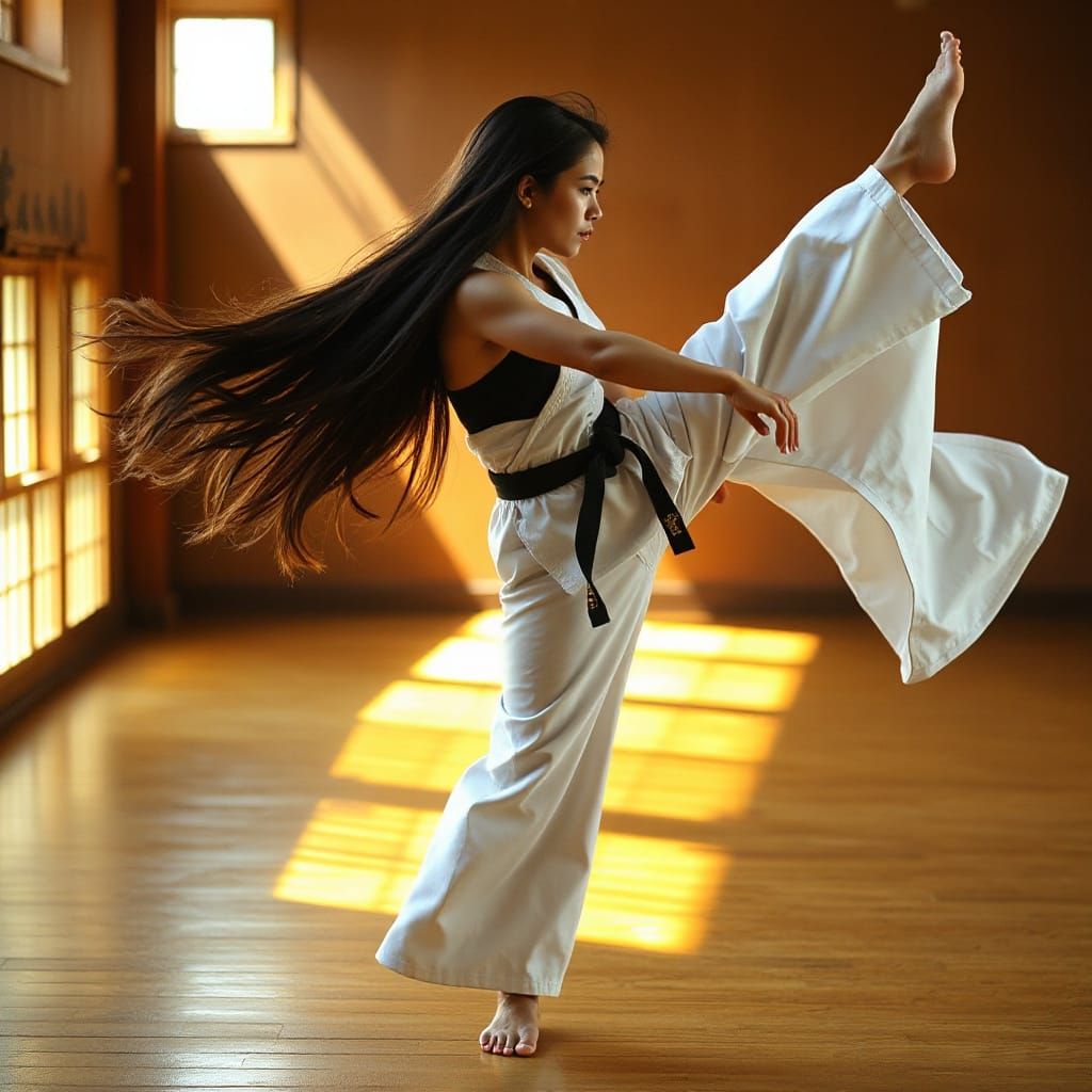 Graceful Karate Kick in Golden Hour Light