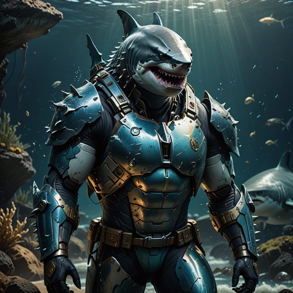 Epic Gray Shark Warrior in Battle Armor