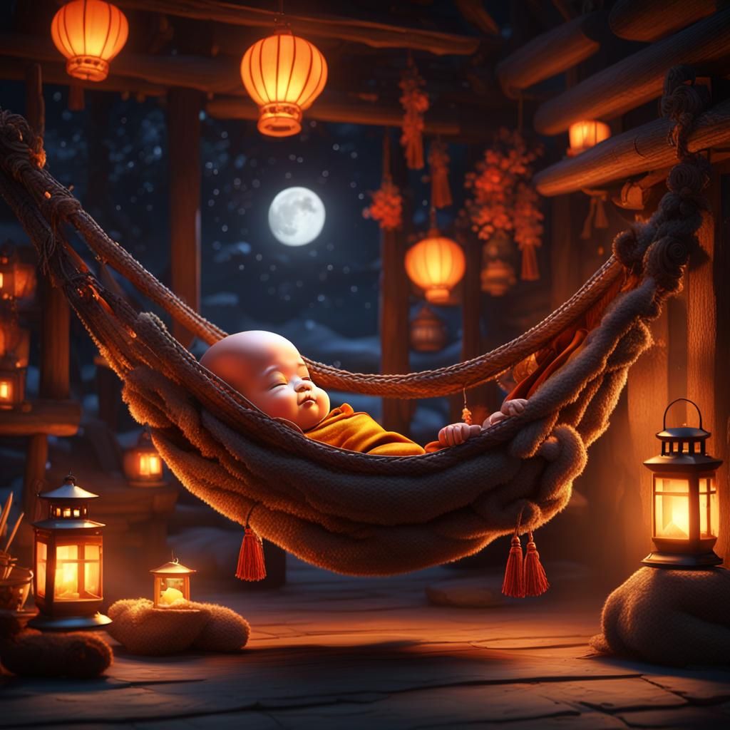 Sleeping Baby Monk in Hammock, Moonlit Night