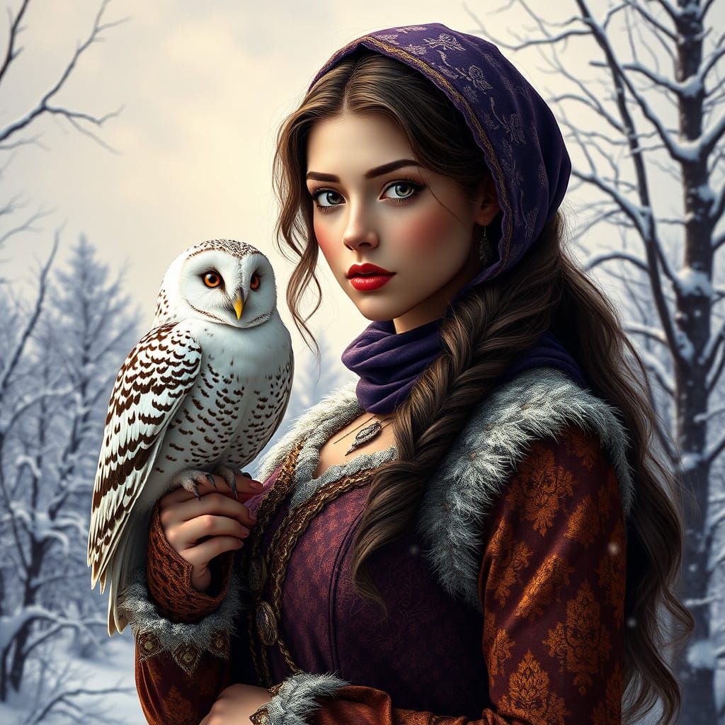 Dark Fantasy Farm Lady with Snowy Owl in Winter Wonderland